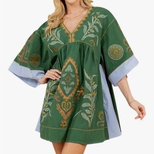 Boho Embroidered Dress Loose Fit V-Neck Vintage Embroidery Babydoll Dress size S